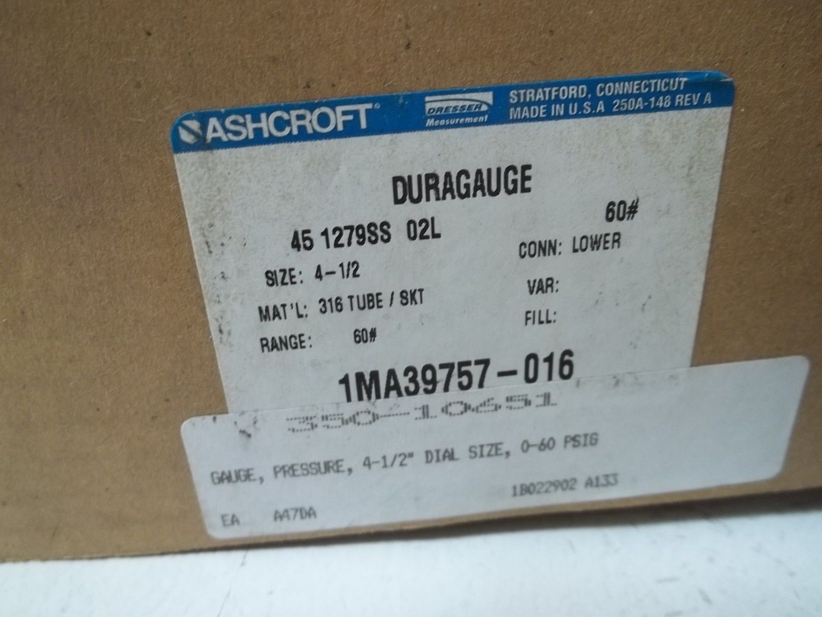 ASHCROFT 451279SS02L-60# DURAGAUGE 0-60 PSI NSMP