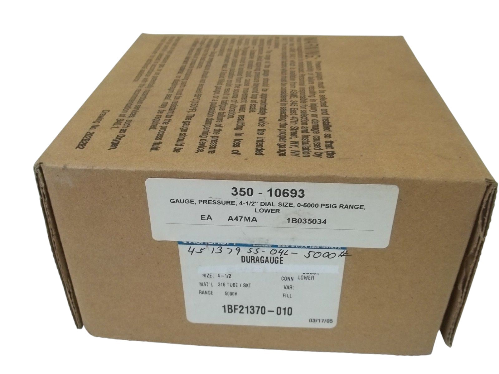 ASHCROFT 451379SS04L-5000# DURAGAUGE 0-5000 PSI NSMP