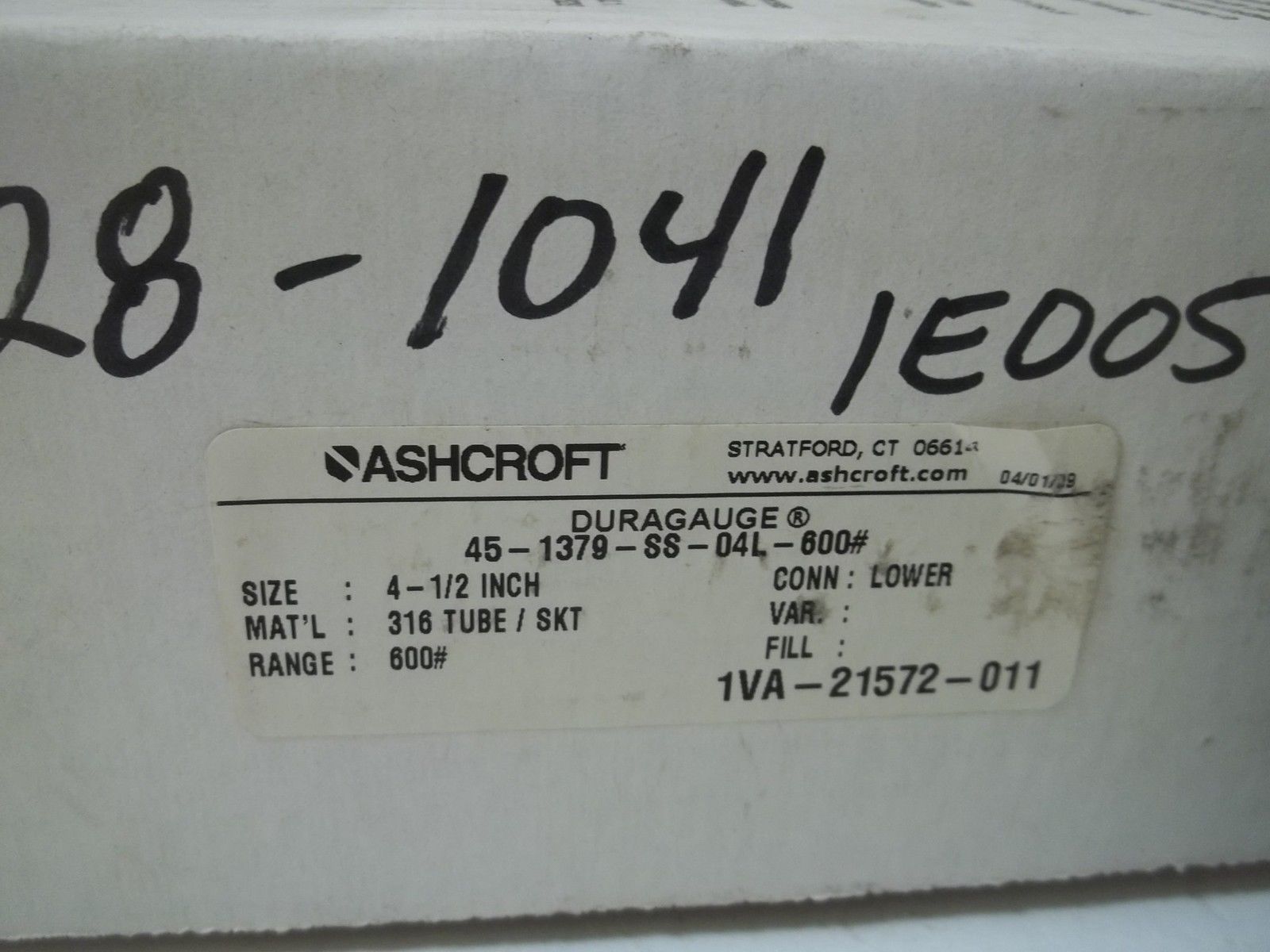 ASHCROFT 451379SS04L-600# DURAGAUGE 0-600 PSI NSMP