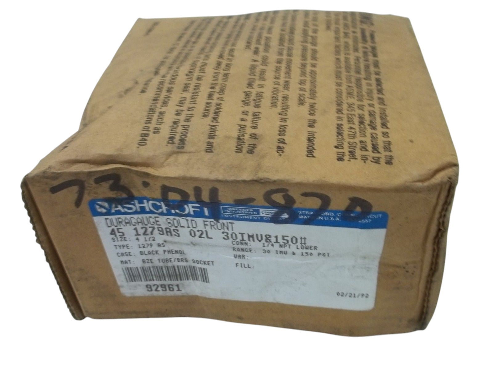 ASHCROFT 451279AS02L-30IMV&150# DURAGAUGE 30-0 IMV 0-150 PSI NSMP