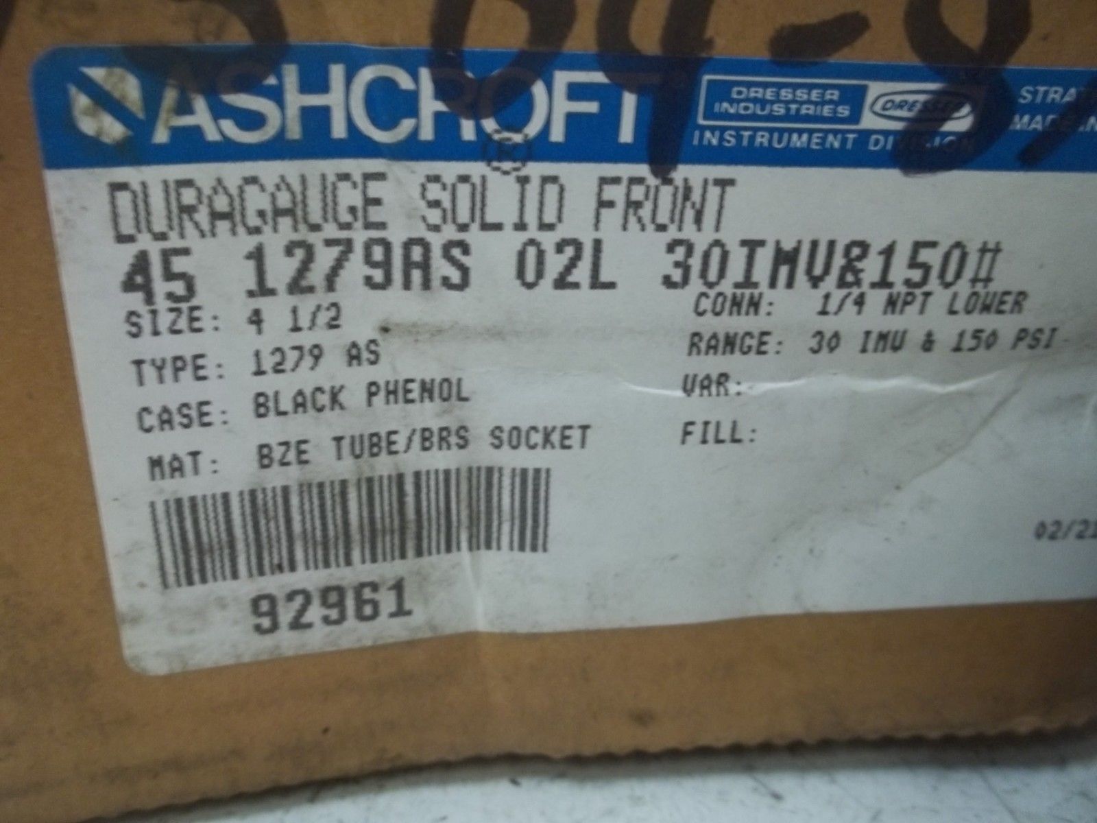ASHCROFT 451279AS02L-30IMV&150# DURAGAUGE 30-0 IMV 0-150 PSI NSMP