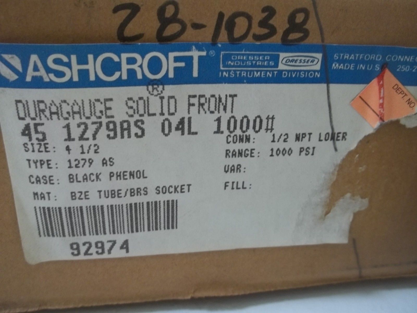 ASHCROFT 451279AS04L-1000# DURAGAUGE 0-1000 PSI NSMP