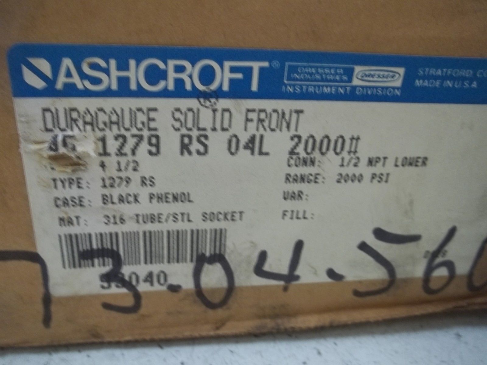 ASHCROFT 451279RS04L-2000# DURAGAUGE 0-2000 PSI UNMP