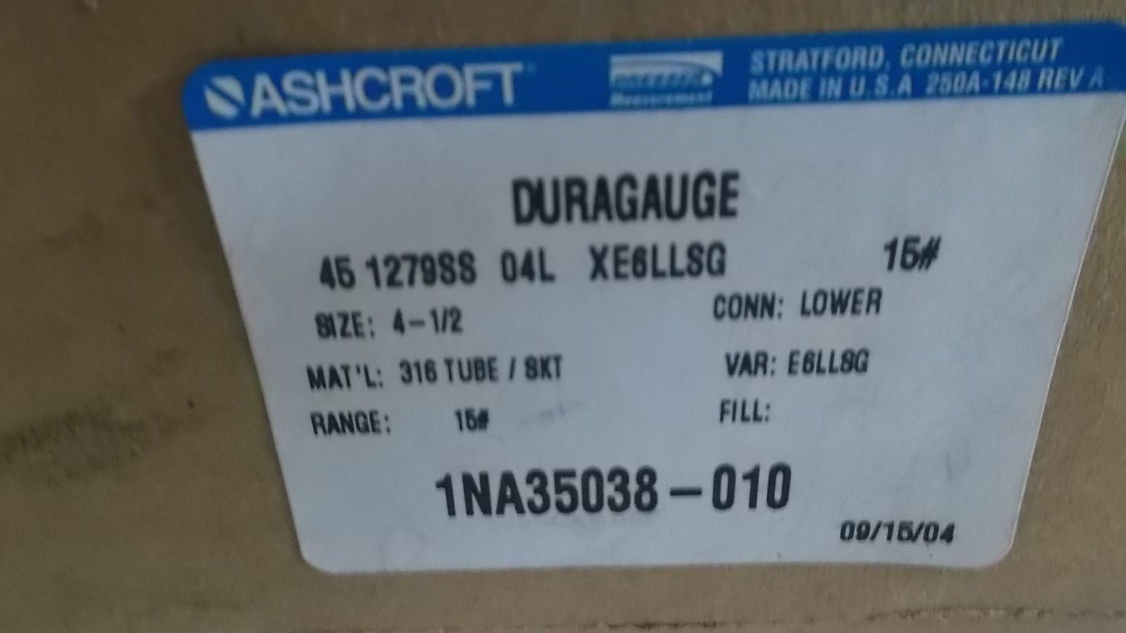 ASHCROFT 451279SS04LXE6LLSG-15# DURAGAUGE 0-15 PSI NSMP