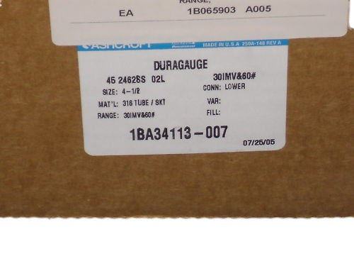 ASHCROFT 452462SS02L-30IMV&60# DURAGAUGE 30-0 IMV 0-60 PSI NSMP