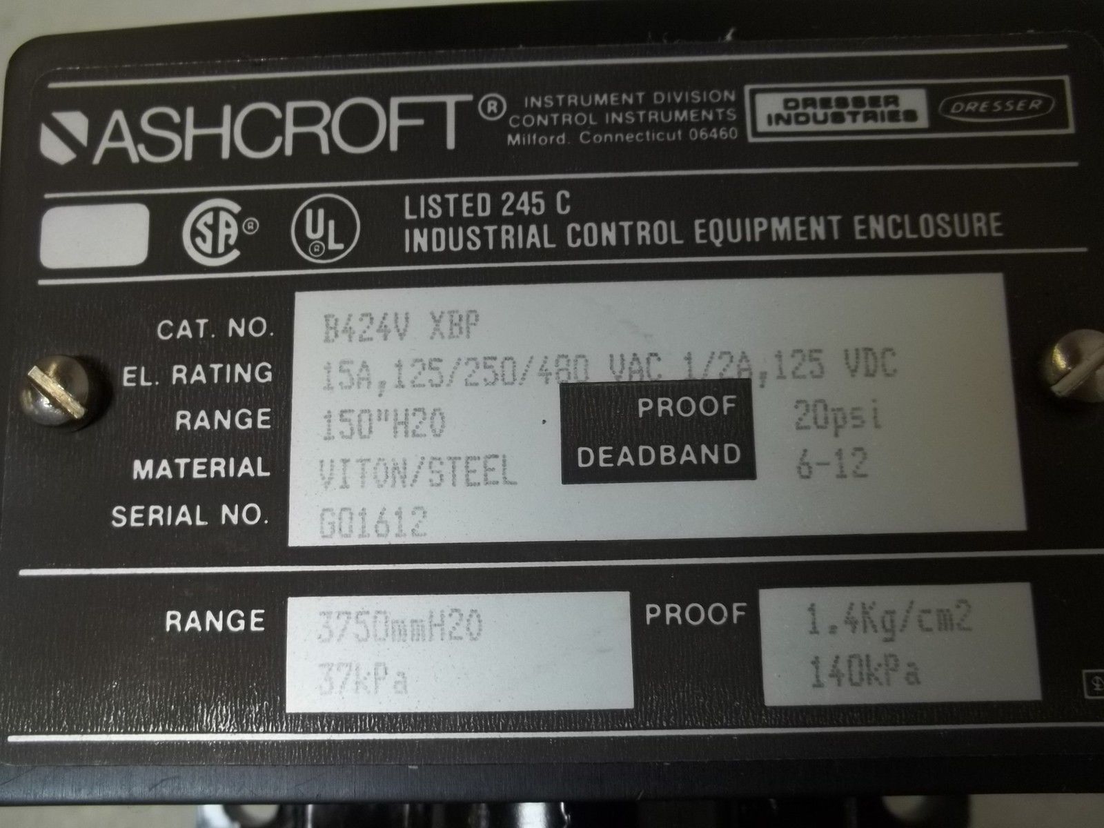ASHCROFT B424VXBP PRESSURE SWITCH 150" WC NSMP
