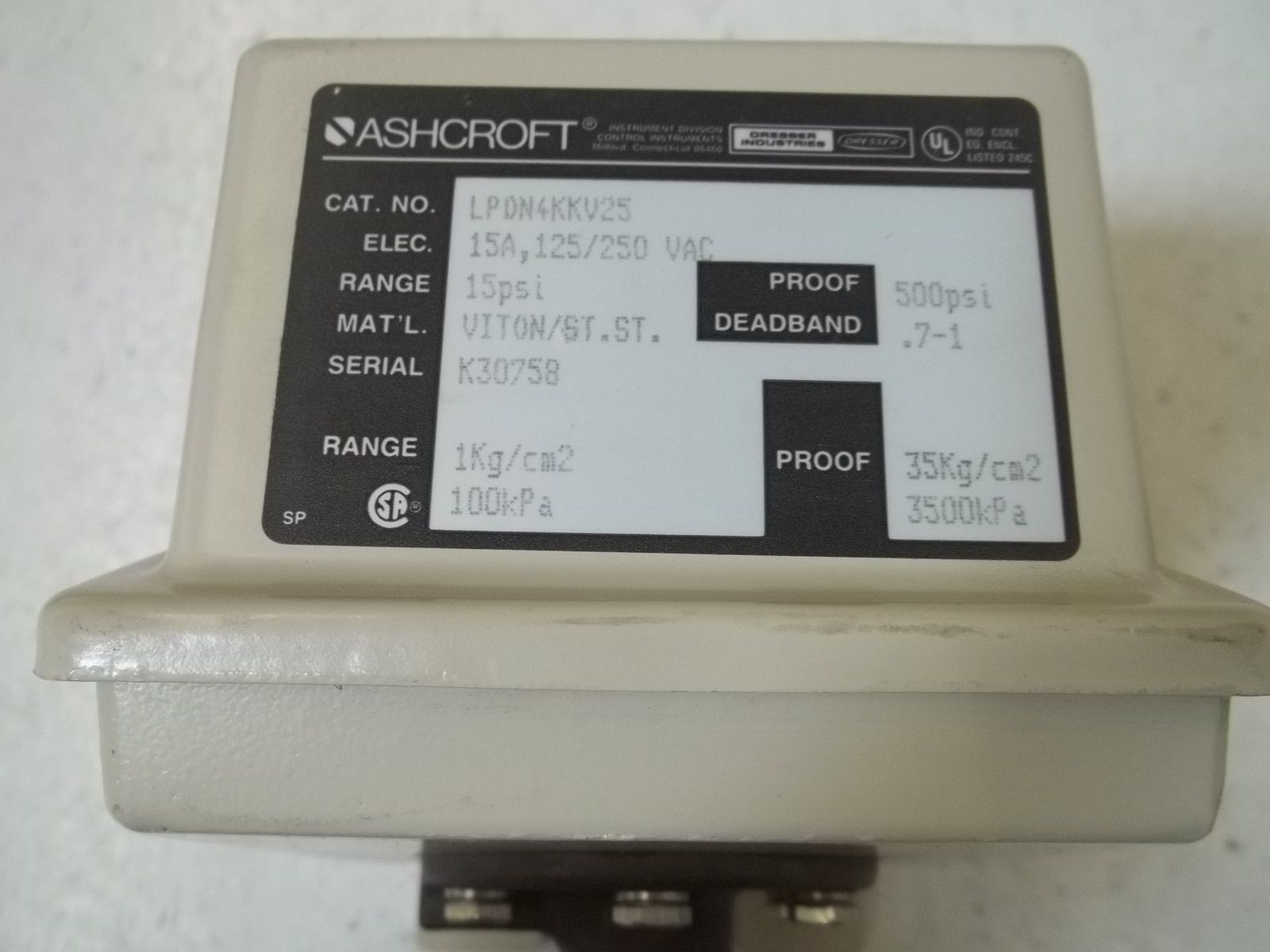 ASHCROFT LPDN4KKV25 PRESSURE SWITCH 15PSI NSMP