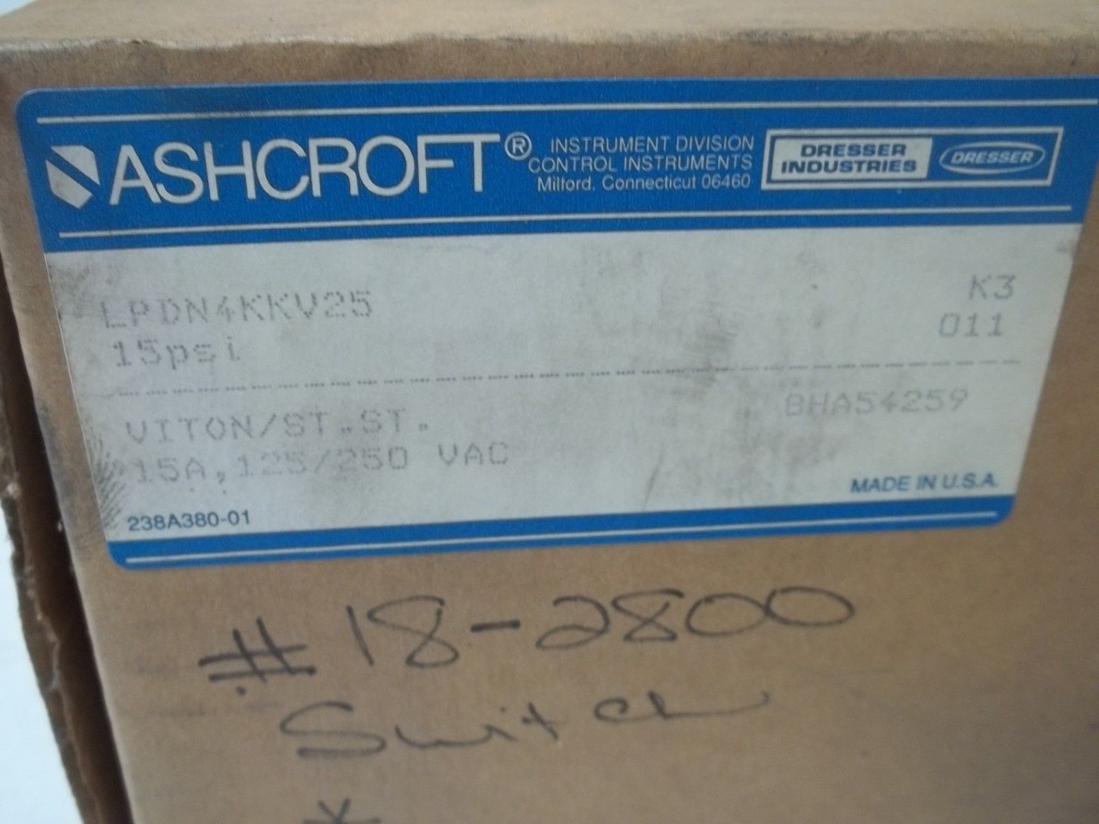 ASHCROFT LPDN4KKV25 PRESSURE SWITCH 15PSI NSMP