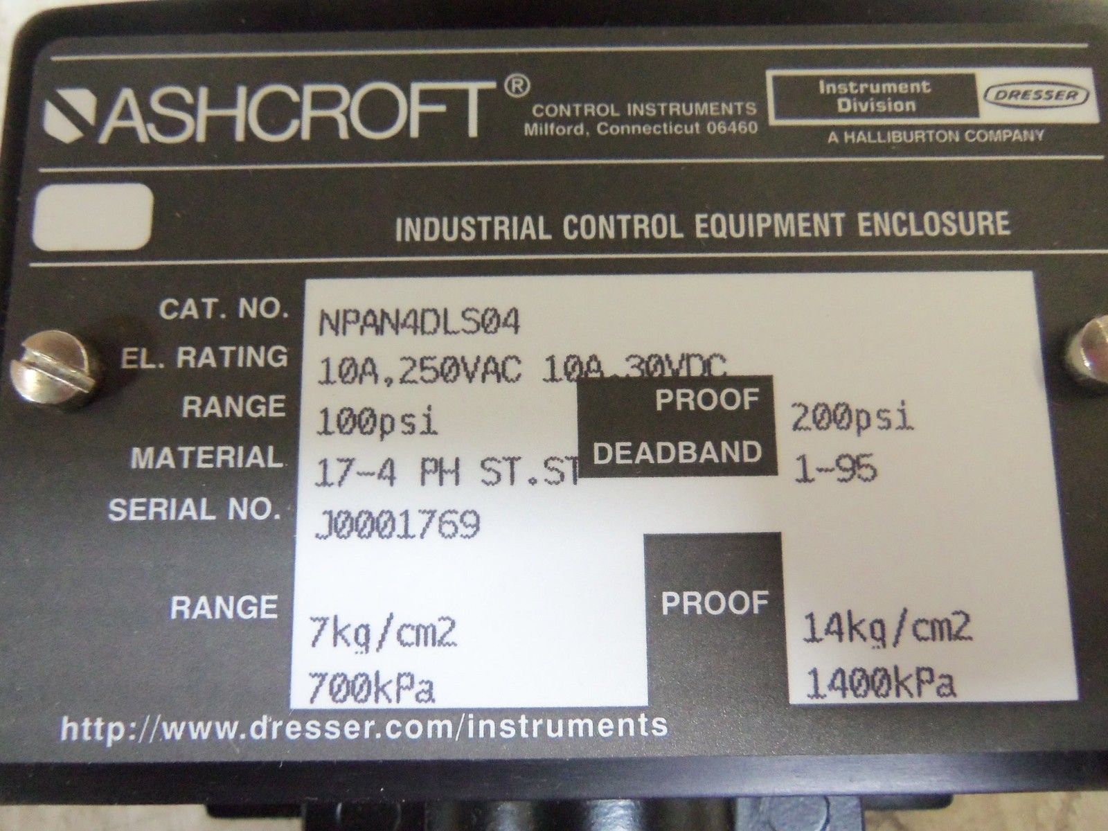 ASHCROFT NPAN4DLS04 PRESSURE SWITCH 100 PSI NSMP