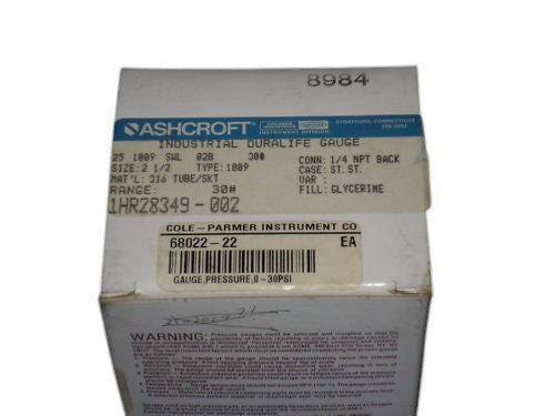 ASHCROFT 251009SWL02B-30# PRESSURE GAUGE 0-30 PSI NSMP