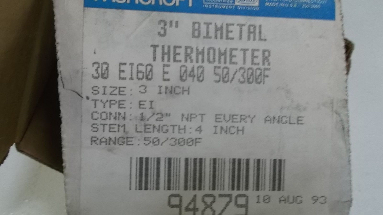 ASHCROFT 30EI60E040-50/300F BIMETAL THERMOMETER 4" STEM NSMP