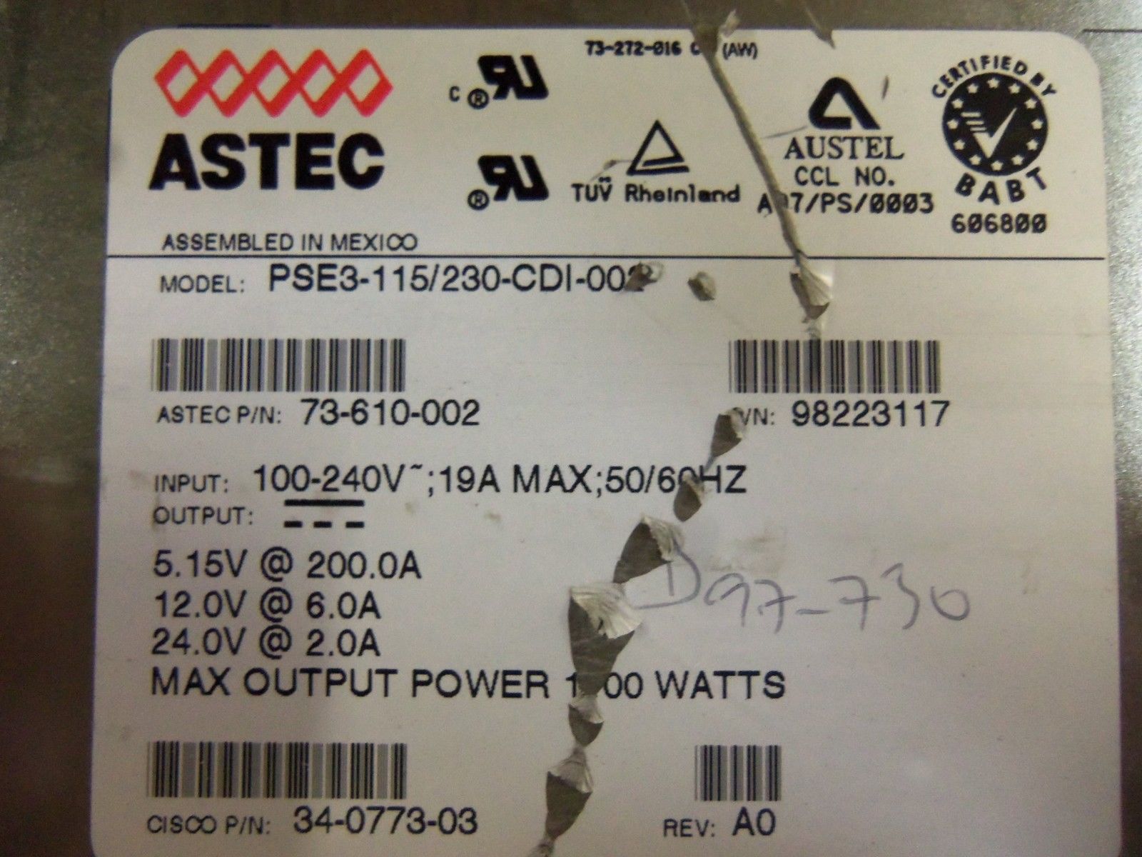 ASTEC PSE3-115/230/CDI-002 POWER SUPPLY UNMP
