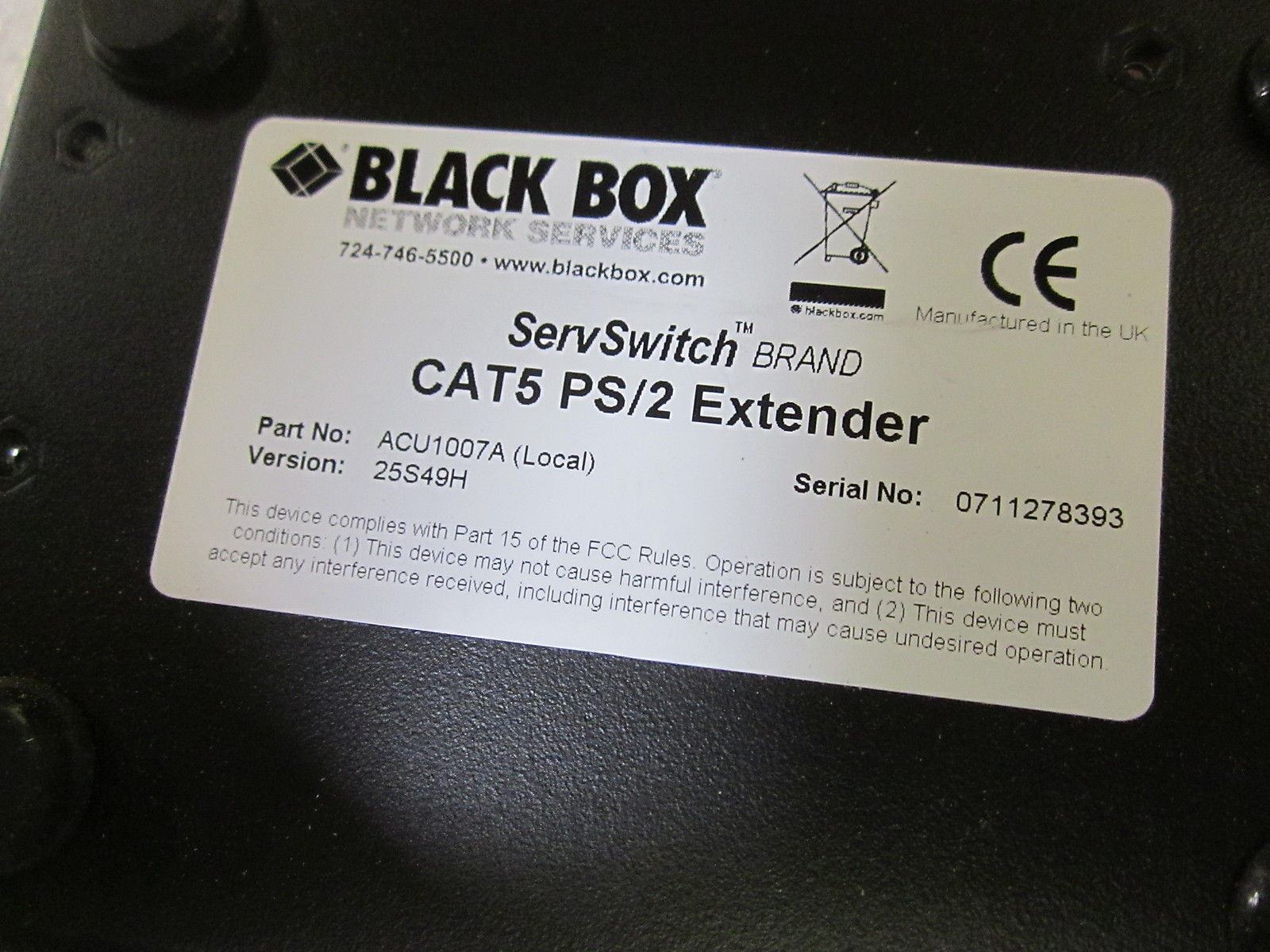 BACKBOX SERVSWITCH ACU1007A CAT5 PS/2 EXTENDER (AS PICTURED) NSNP