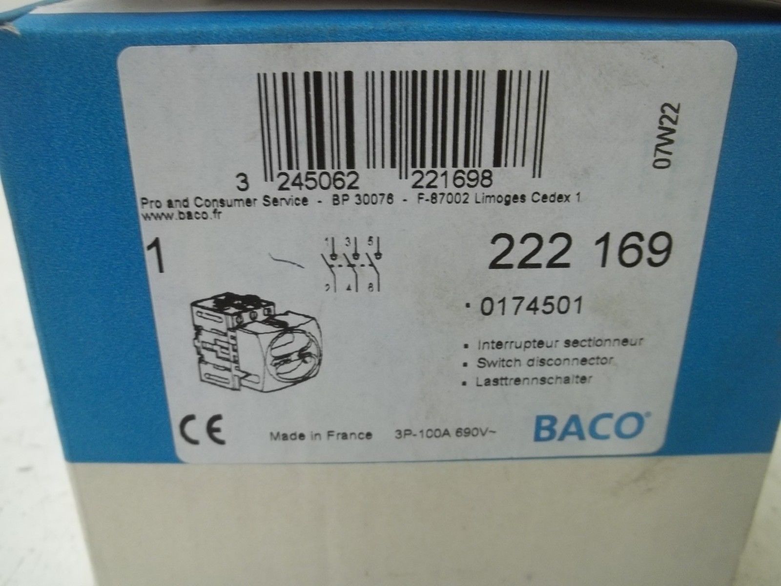 BACO 222 169 SWITCH DISCONNECTOR (AS PICTURED MISSING HANDLE) NSMP
