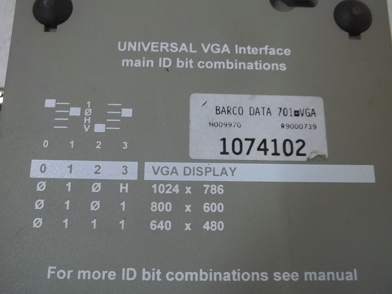 BARCO 1074102 UNIVERSAL VGA INTERFACE MAIN ID BIT COMBINATIONS UNMP