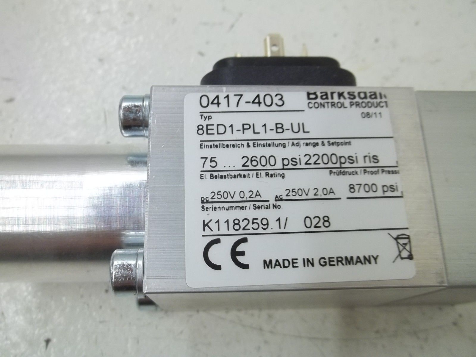 BARKDALE 8ED1-PL1-B-UL 0417-403 250V 2.0A 8700PSI NSMP