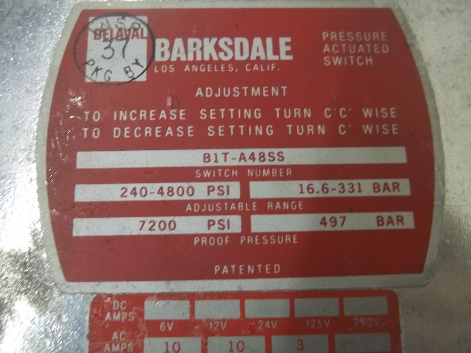 BARKSDALE B1T-A48SS PRESSURE ACTUATED SWITCH UNMP