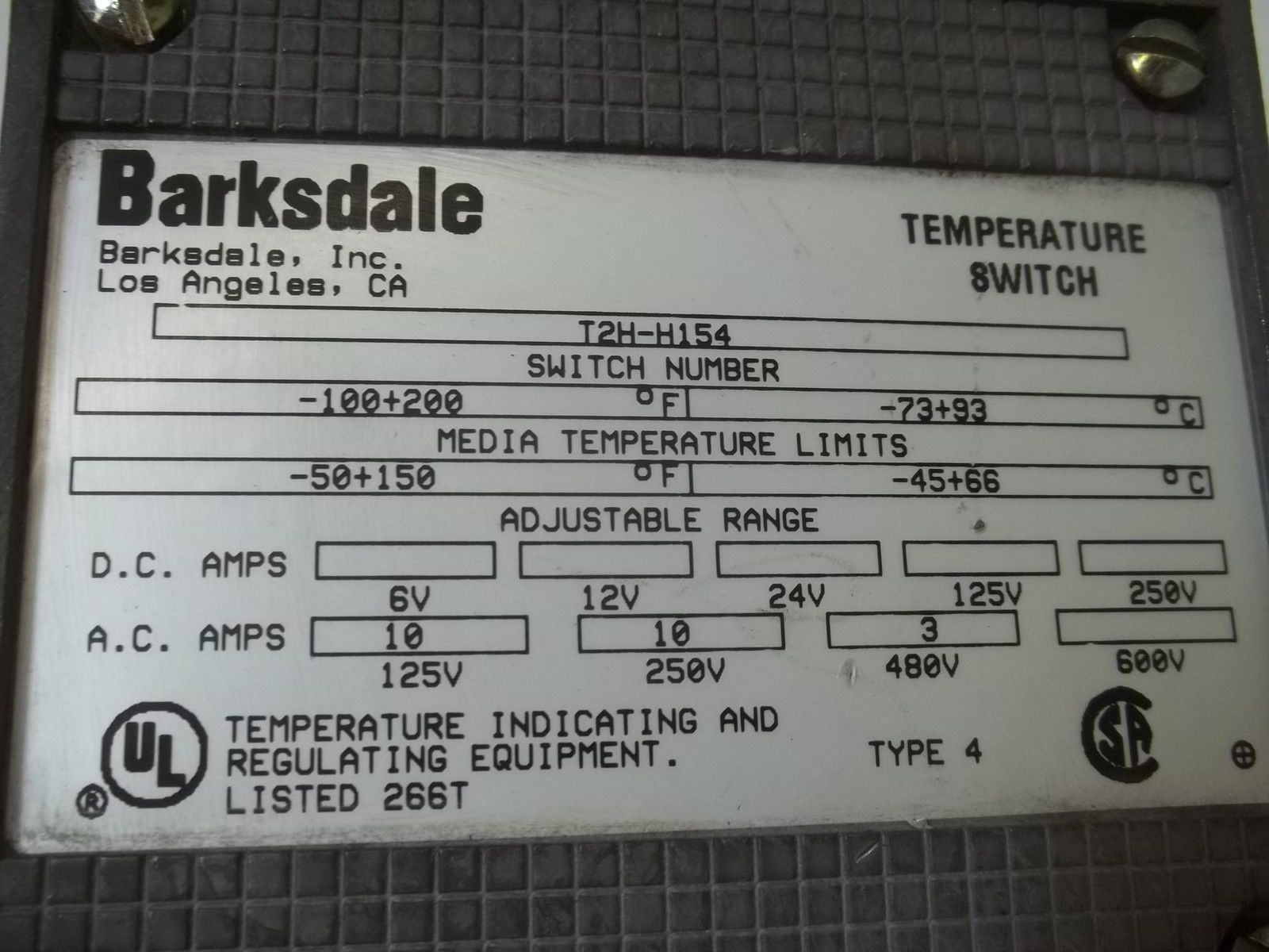 BARKSDALE T2H-H154 TEMPERATURE SWITCH UNMP