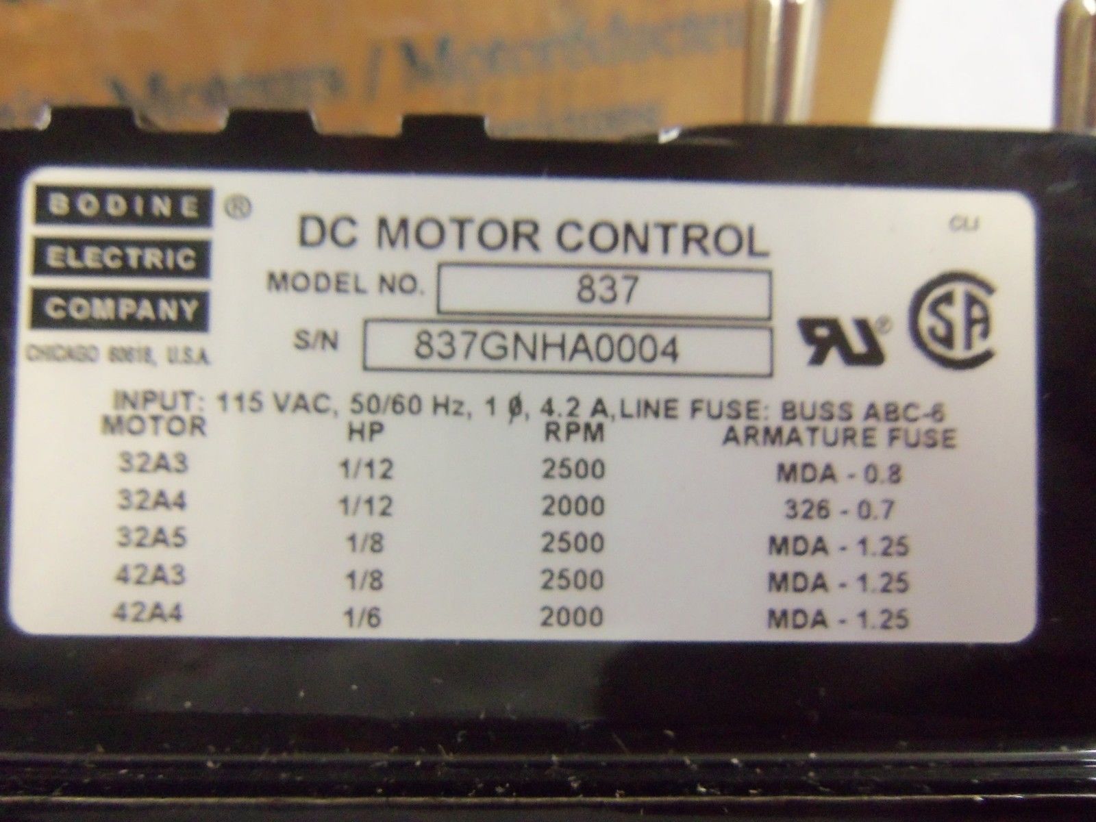 BODINE 837 MOTOR CONTROLLER UNMP