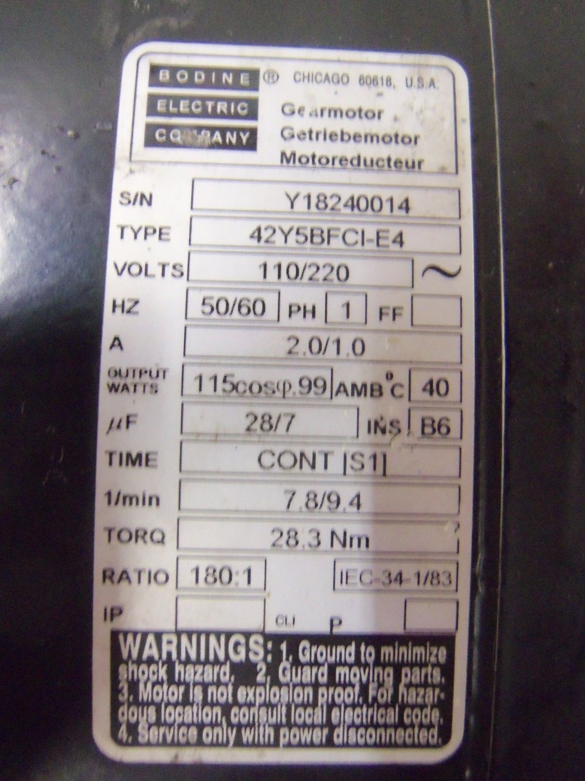 BODINE ELECTRIC 42Y5BFCI-E4 GEARMOTOR 180:1 *USED*
