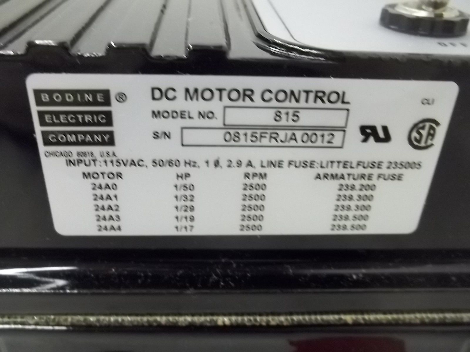 BODINE ELECTRIC COMPANY 0815FR DC MOTOR CONTROL NSMP