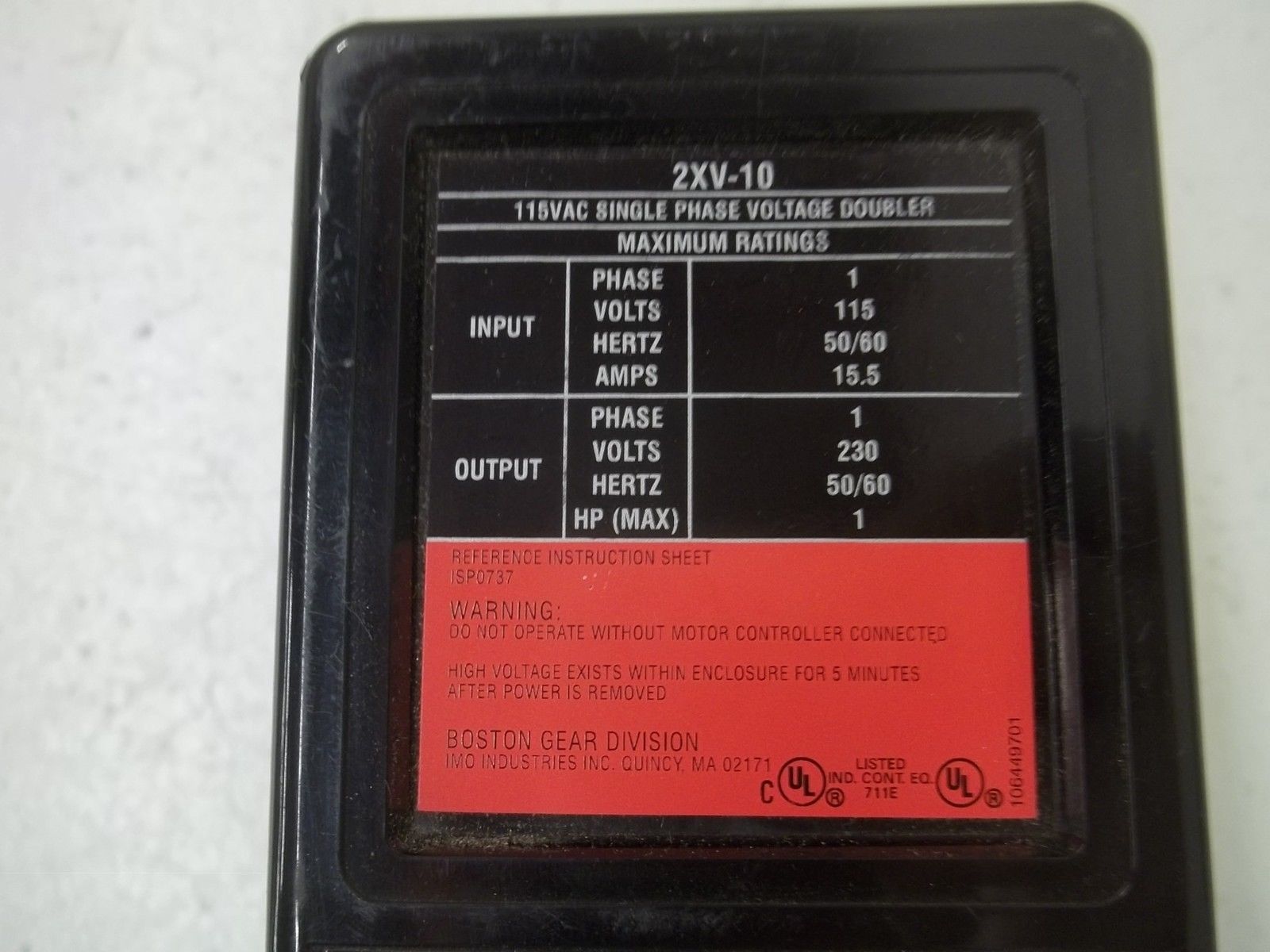 BOSTON GEAR 2XV-10 115VAC SINGLE PHASE VOLTAGE DOUBLE UNMP