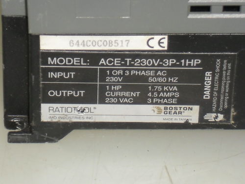BOSTON GEAR RATIOTROL AC INVERTER ACE-T-230V-3P-1HP UNMP