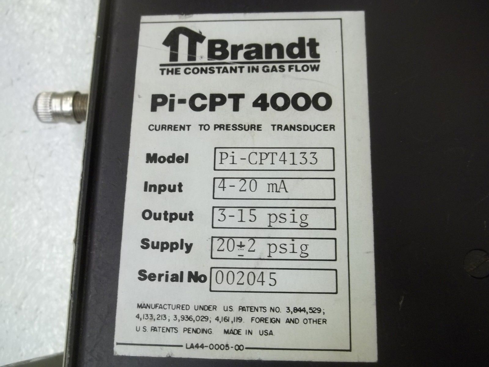 BRANDT PI-CPT4133 CURRENT TO PRESSURE TRANSDUCER UNMP