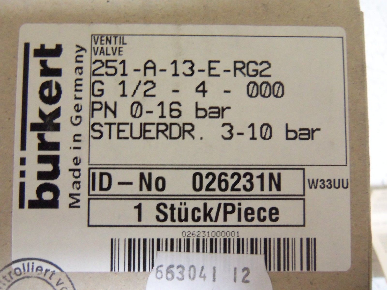 BURKERT VALVE 251-A-13-E-RG2 NSMP