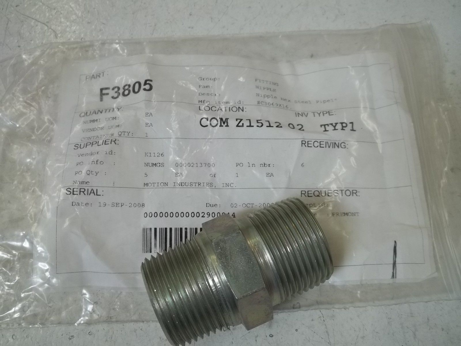 C3069X116 NIPPLE HEX STEEL PIPE 1" NSNP OUT OF A  BOX