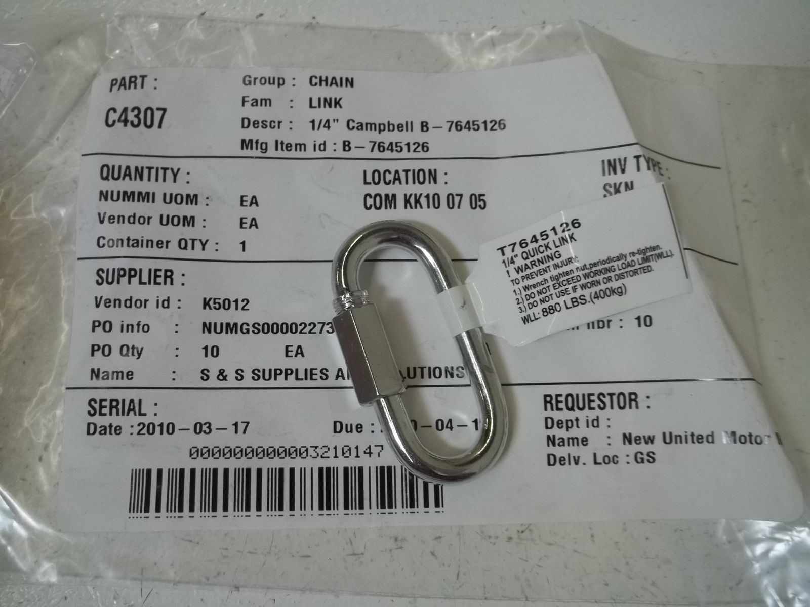 CAMPBELL T7645126 1/4" QUICK LINK NSNP