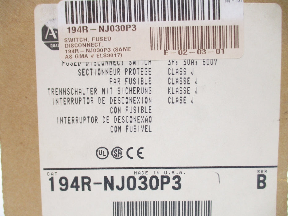 ALLEN BRADLEY 194R-NJ030P3 SER. B 600V 30A NSMP