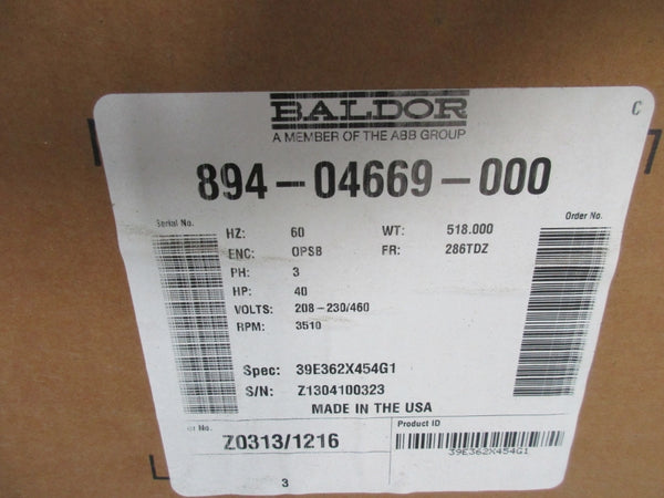 BALDOR 894-04669-000 40HP 286TDZ 208-230/460V 99-92/46A (AS PICTURED) NSMP
