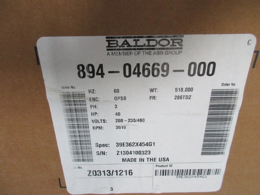 BALDOR 894-04669-000 40HP 286TDZ 208-230/460V 99-92/46A (AS PICTURED) NSMP
