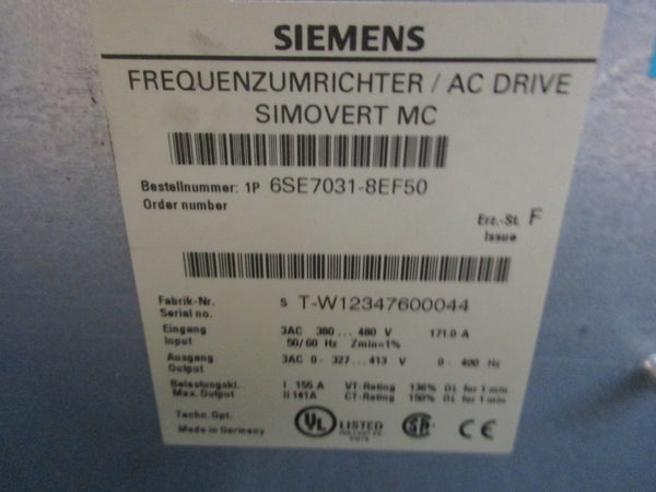 SIEMENS 6SE7031-8EF50 380-480V 171A NSMP