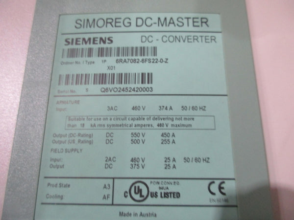 SIEMENS 6RA7082-6FS22-0-Z 460V 374A NSMP
