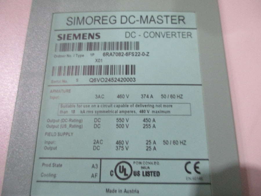 SIEMENS 6RA7082-6FS22-0-Z 460V 374A NSMP