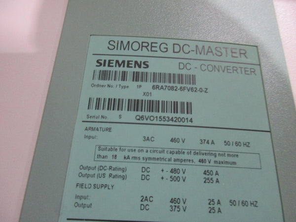 SIEMENS 6RA7082-6FV62-0-Z 460V 374A NSMP