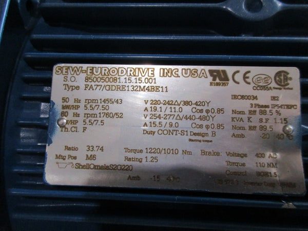 SEW-EURODRIVE FA77/GDRE132M4BE11 254-277/440-480V 15.5/9.0A NSNP