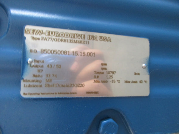 SEW-EURODRIVE FA77/GDRE132M4BE11 254-277/440-480V 15.5/9.0A NSNP