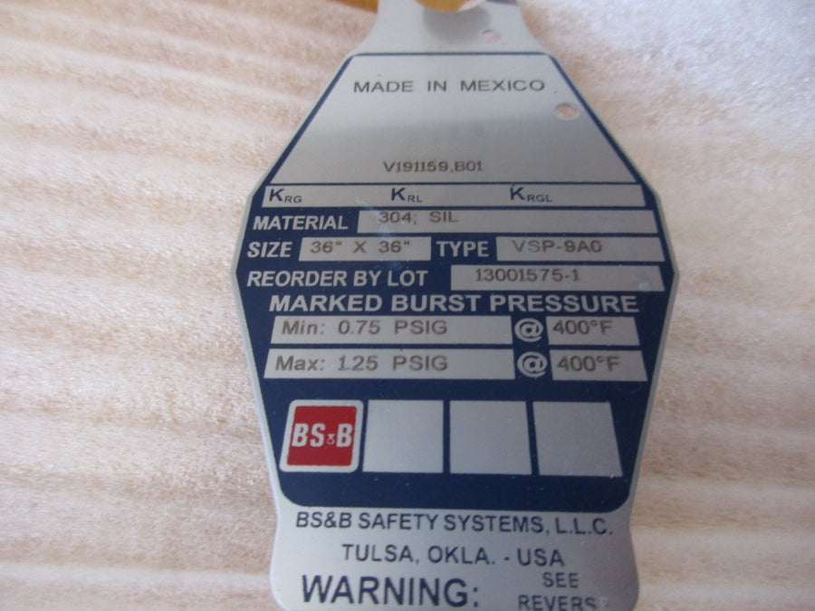 BS&B STAINLESS 36" X 36" V191159.B01 VSP9A0 .75-1.25PSI NSNP
