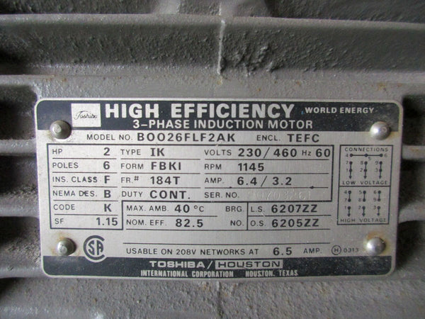TOSHIBA B0026FLF2AK 2HP TEFC 230/460V 6.4/3.2A (AS PICTURED) NSNP