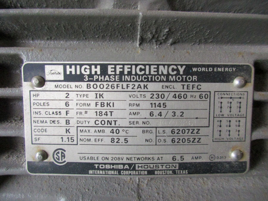 TOSHIBA B0026FLF2AK 2HP TEFC 230/460V 6.4/3.2A (AS PICTURED) NSNP