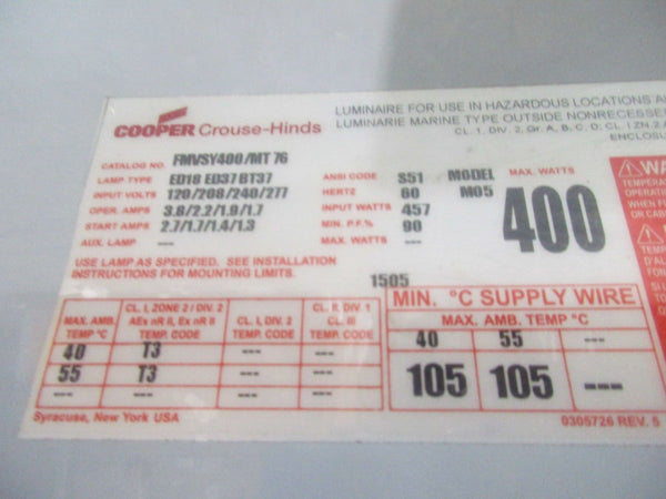 CROUSE-HINDS FMVSY400/MT76 120/208/240/27V 3.8/2.2/1.9/1.7A NSMP