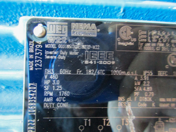 WEG 3HP 1800 RPM 182/4TC 00318ST30IE182TC-W22 460V 3.91A NSNP