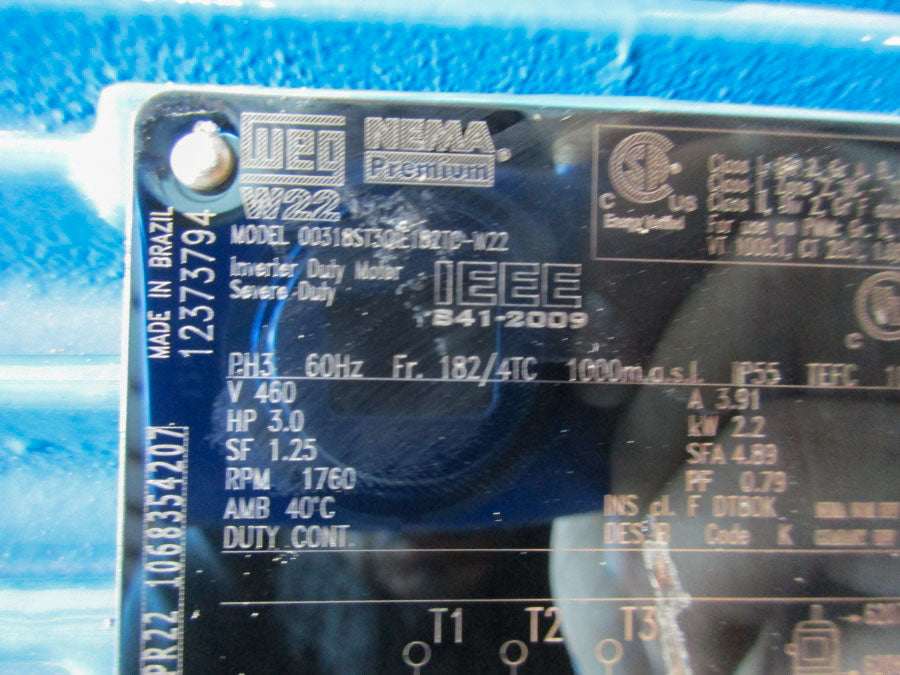 WEG 3HP 1800 RPM 182/4TC 00318ST30IE182TC-W22 460V 3.91A NSNP