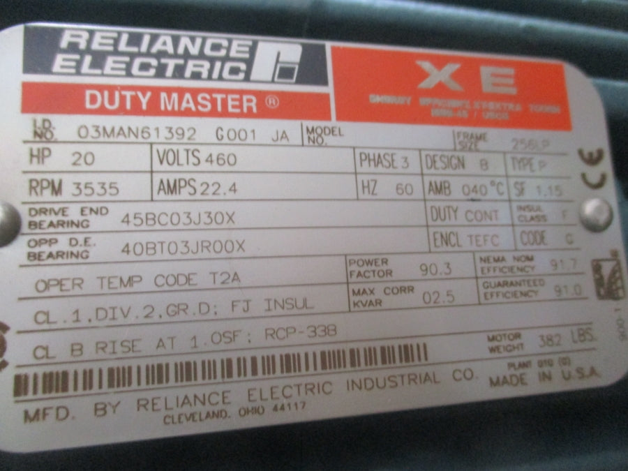 RELIANCE VERTICAL MOTOR 20HP  3535 RPM  256LP  03MAN61392G001 460V 22.4A NSNP