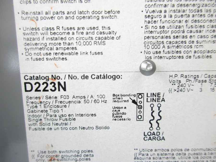 SQUARE D D223N SER. F03 240V 100A UNMP