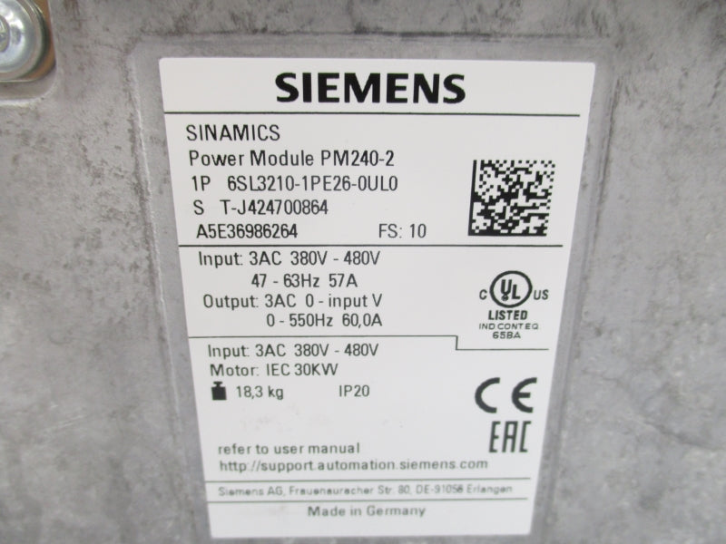 SIEMENS 6SL3210-1PE26-8UL0 380V-480V 57A NSNP