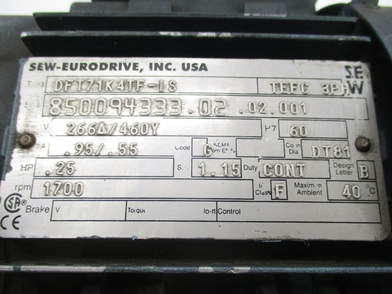 SEW-EURODRIVE DFT71K4TF-IS 266V .95/.55V UNMP